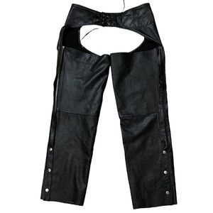 Unisex Black Genuine Leather Deluxe Side Button Chaps Medium EUC